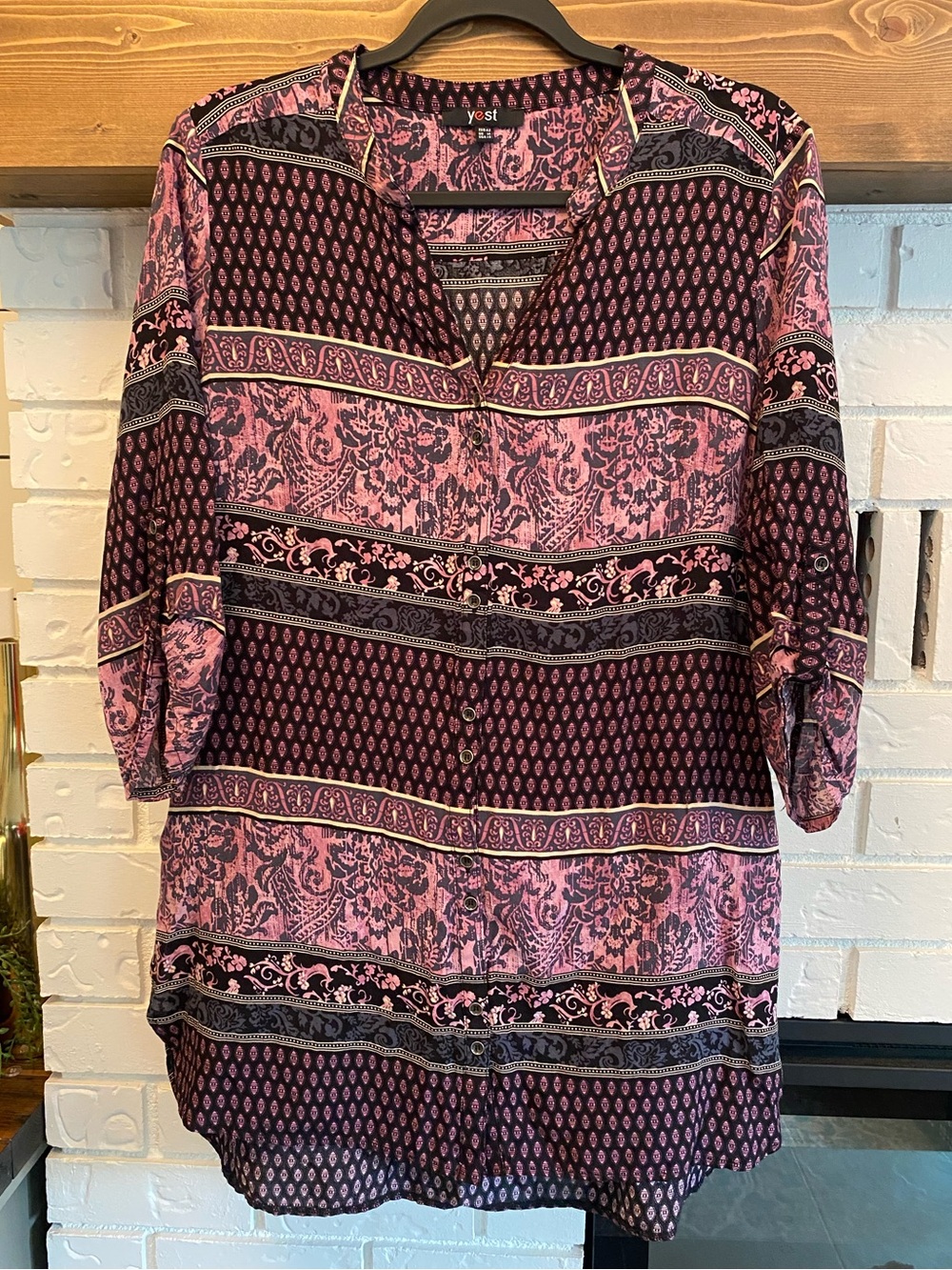 Yest Boho Paisley Viscose 3/4 Sleeve Tunic Blouse Roll Tab Purple Black Size 10